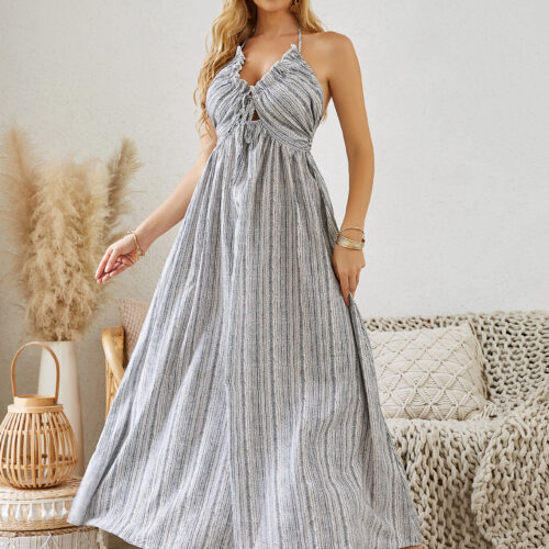 Bohemian Halter Maxi Dress – Women’s Summer Striped Sleeveless Flowy Beach Dress