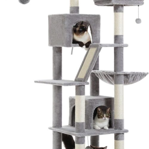 PAWZ Road 180cm Large Cat Tree For Indoor Cats, Multi-Level Cat Tower Cat Scratching Post With 2 Perches, 2 Condos, Hammock And 2 Pompoms Grey